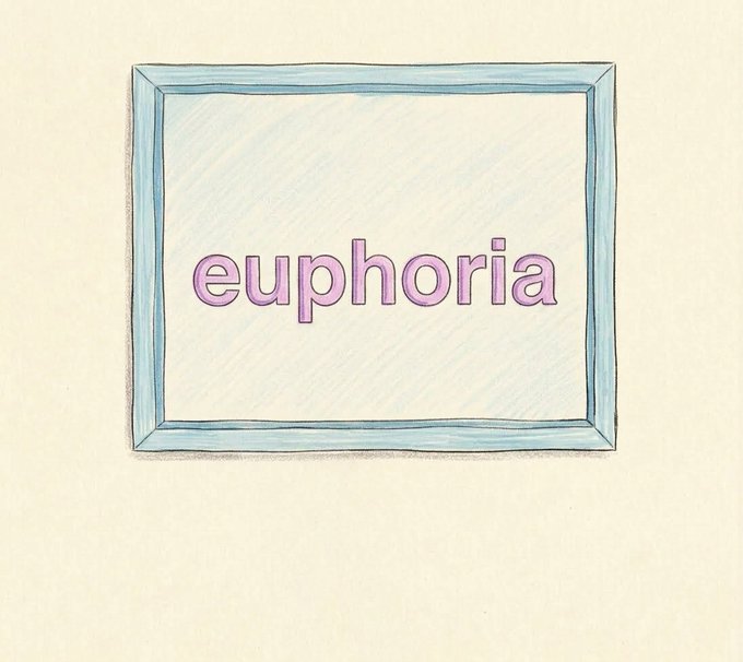 A hand-drawn style illustration of a blue picture frame on a beige background, containing the word 'euphoria' written in pink lowercase letters.
