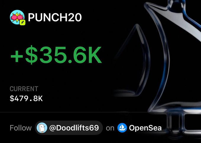 The image shows an OpenSea PNL (profit and loss) card for the PUNCH20 NFT collection, displaying a gain of +$35.6K with a current value of $479.8K, alongside a promotion to follow @Doodlifts69 on OpenSea. It ties to the post by highlighting OpenSea's profit-tracking feature as an example of their interesting DeFi tech, in collaboration with @froth_meme and @PunchMarkets.