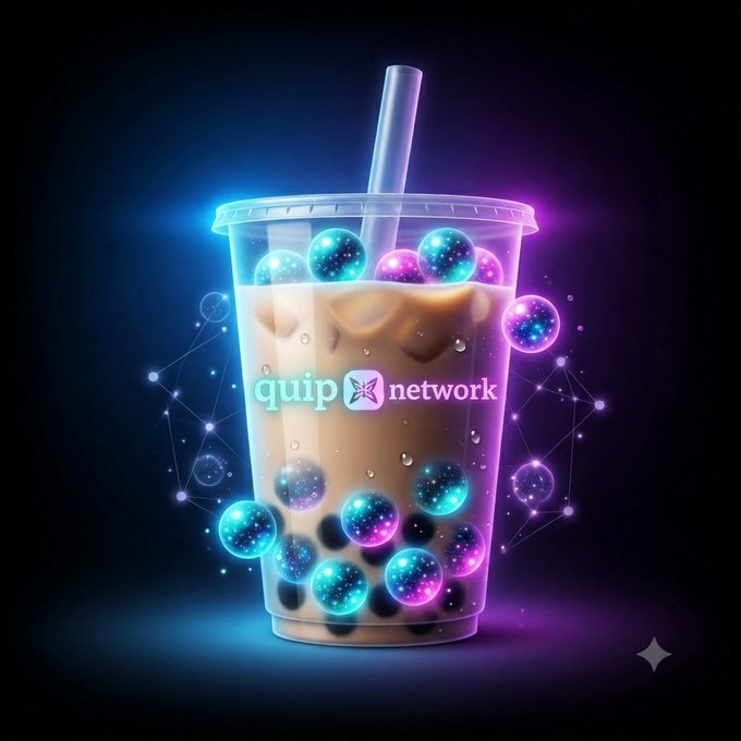 A 3D-rendered bubble tea cup with glowing blue and purple spheres and the 'quip network' logo is displayed against a dark background with network-style connections.