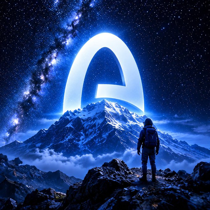 A digital artwork of an astronaut standing on a rocky peak beneath a starry night sky with the Milky Way, facing a glowing translucent letter 'A' above a snow-capped mountain.