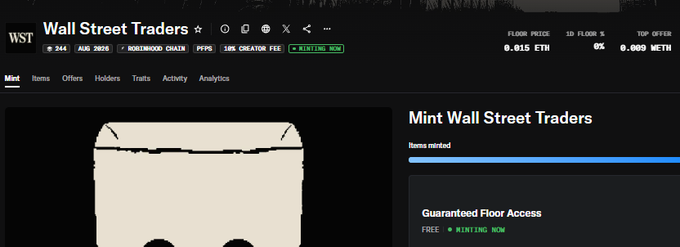 A screenshot of an NFT marketplace page for 'Wall Street Traders' (WST) collection on Rootwood Chain, showing '#244 AUG 2025,' 18% creator fee, minting now, with a floor price of 0.015 ETH, 1D floor of 0%, and top offer of 0.009 METH.