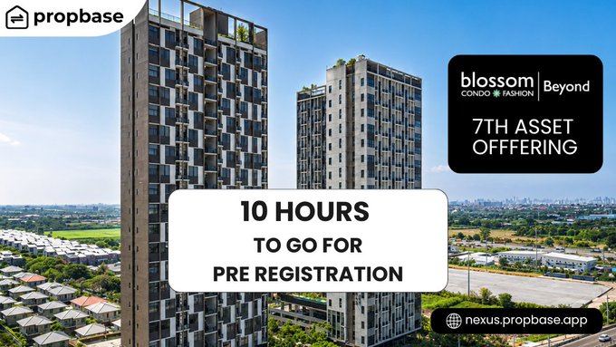 The image features a city skyline with tall buildings, including one that appears to be a condominium complex or apartment building. The text "PROPBASE" is written at the top of the image, indicating that this is an advertisement for a property listing service called Propbase. The main focus of the post is on the 7th asset offering by Blossom Beyond, which offers long-term appreciation and rental income potential. The post also mentions that there are 10 hours to go for pre-registration, suggesting that there might be some sort of registration process or deadline approaching soon.