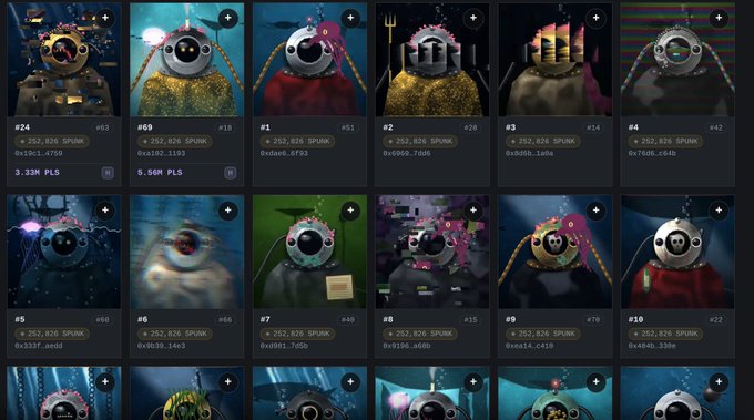 A grid of NFT profile pictures featuring round, robot-like characters with chains, each labeled with numbers (#24, #69, #1, etc.), prices in SPUNK, and values like '3.33M PLS' and '5.56M PLS'.