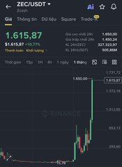 A Binance trading chart for ZEC/USDT showing a price of $1,615.87 with 0.77% gain, displaying recent candlestick movements around the 1,614 area.