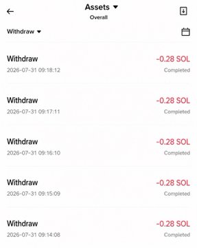 This image shows an "Assets" overview page displaying a series of completed withdrawal transactions, each for -0.28 SOL, with timestamps from July 31, 2026. The repeated small withdrawals align with the post's claim of giving away $20 in SOL to multiple followers, visually demonstrating the sender distributing crypto to numerous recipients.