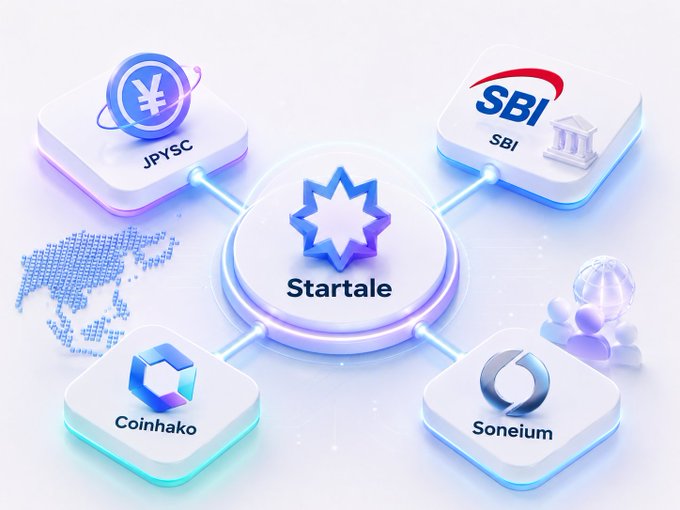 3D isometric graphic showing 'Startale' connected to four partners: JPYSG (yen symbol), SBI, CoinHako, and Soneium, displayed as illuminated tiles on a white background.