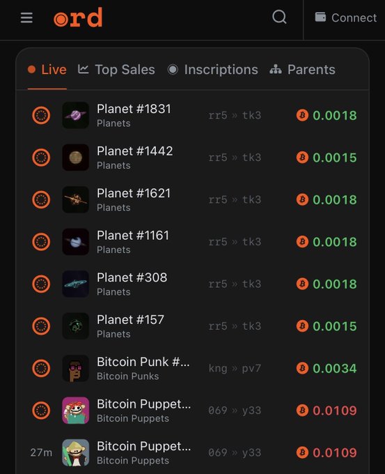 A screenshot of the Ordinals marketplace showing the 'Live' tab with active sales for Planet #1831, #1442, #1621, #1161, #308, #157, Bitcoin Punk, and Bitcoin Puppets NFTs priced in BTC (ranging from 0.0015 to 0.0109).
