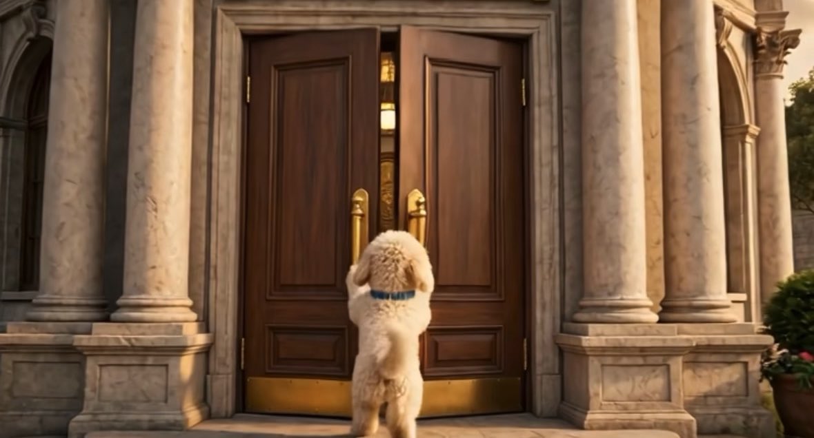 A small fluffy white dog standing on its hind legs reaching up to ring the doorbell of a large wooden double door set between marble columns.