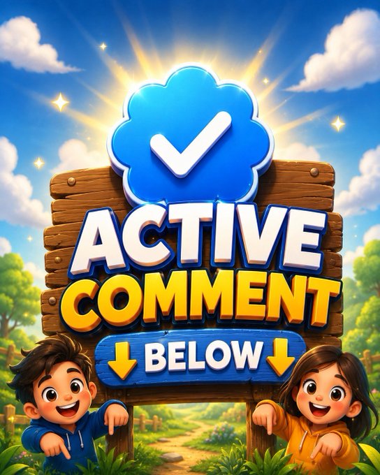 A vibrant cartoon-style graphic with the text 'ACTIVE COMMENT BELOW' featuring a blue checkmark and two animated characters pointing downward.