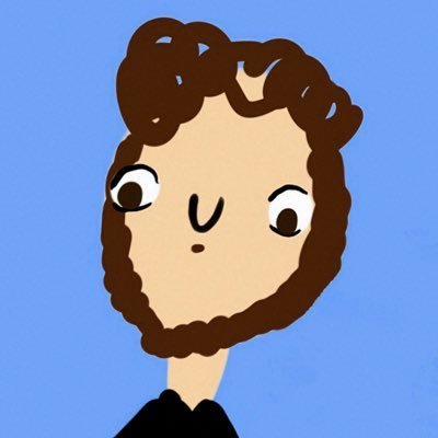 A simple cartoon drawing of a person with curly brown hair, large eyes, and a small smile on a solid blue background.