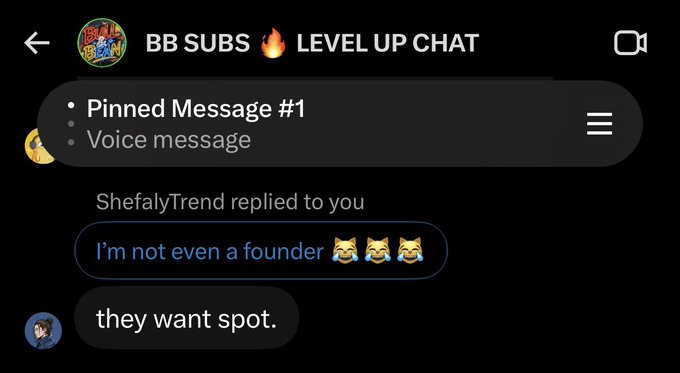 A screenshot of a mobile chat interface labeled 'BB SUBS 🔥 LEVEL UP CHAT' where a user named ShefalyTrend replies 'I'm not even a founder' with laughing emojis, followed by 'they want spot.'