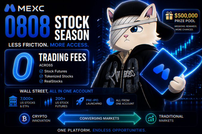 MEXC '0808 Stock Season' promotional graphic featuring a cat mascot in a cap and jacket, advertising a $500,000 prize pool, zero trading fees, and access to 7,000+ US stocks and ETFs.