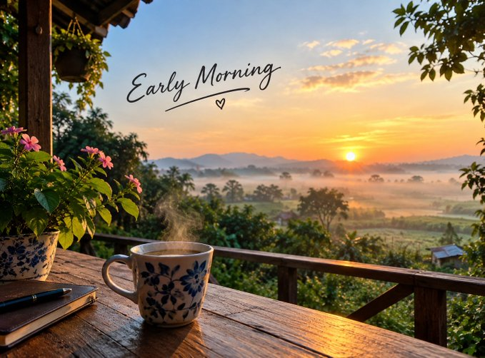 A scenic 'Early Morning' image showing a steaming coffee cup on a wooden table overlooking a misty sunrise landscape with mountains and greenery.