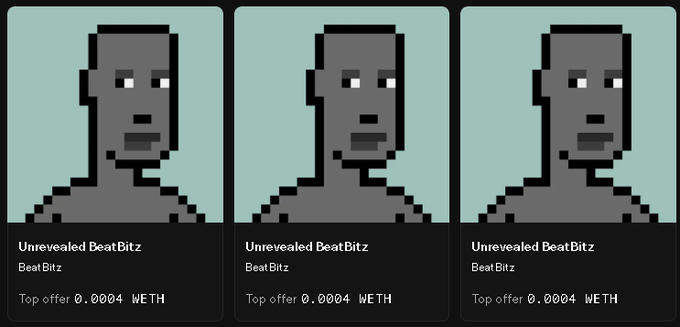 Three identical digital trading cards featuring a pixelated gray portrait labeled 'Unrevealed BeatBitz' with a top offer of 0.0004 WETH.