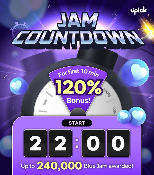 A promotional graphic for "JAM COUNTDOWN" by upick features a stopwatch displaying "22:00" with a banner offering "120% Bonus!" for the first 10 minutes, and notes "Up to 240,000 Blue Jam awarded!"—reinforcing the post's message about a limited-time event from 9/15, 22:00-22:40 KST, where early payments yield more bonus Jam.