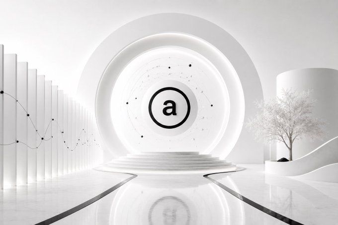 A minimalist 3D-rendered white scene featuring concentric circular arches with a stylized lowercase 'a' logo in the center, a small tree on the right, and reflective flooring.