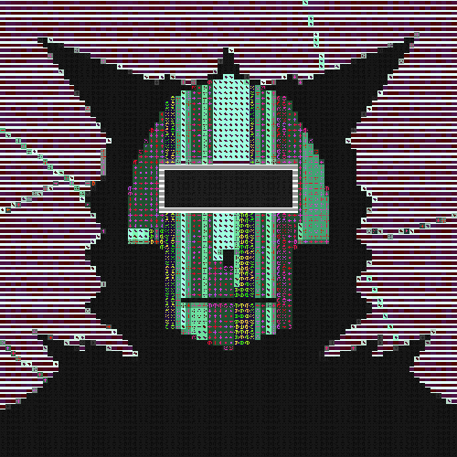 A pixel art rendering of a symmetrical, demonic-looking helmet or face in green and purple tones, overlaid with horizontal scanlines and digital glitch effects.
