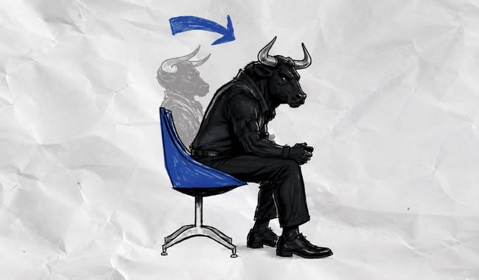A bull-headed figure sits confidently in a chair with a blue arrow pointing toward it, symbolizing bullish conviction—matching the post's theme of an $ANSEM believer going all in on Solana's upward momentum.