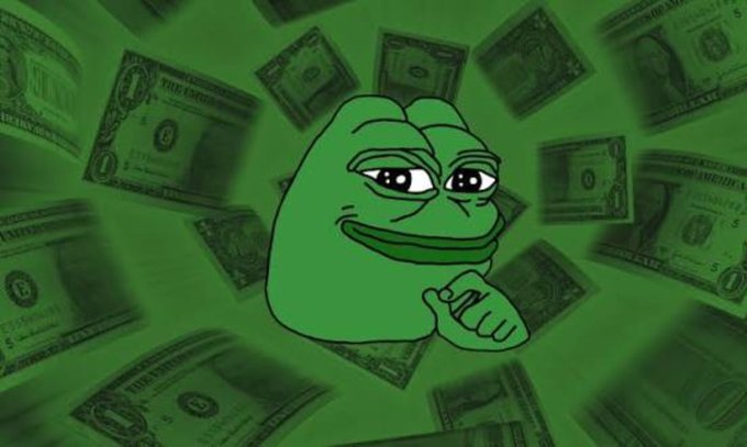 A green cartoon Pepe-style frog appears over a background of floating dollar bills.