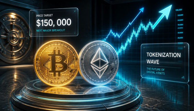 A promotional cryptocurrency graphic featuring gold Bitcoin and silver Ethereum coins on a reflective platform, with a glowing blue price chart showing an upward breakout arrow, a 'PRICE TARGET $150,000 - NEXT MAJOR BREAKOUT' callout, and a 'TOKENIZATION WAVE - THE FUTURE OF DIGITAL ASSETS' panel.