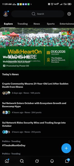 A mobile app screenshot showing news including 'Crypto Community Mourns 21-Year-Old Levi After Sudden Death from Illness' and a 'WalkHeartOn' event banner for 01.10.2026.