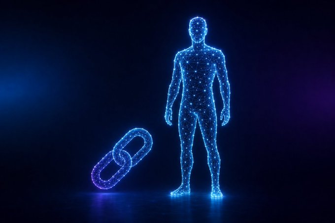 A glowing blue wireframe human figure stands beside two interlocking chain links against a dark background, symbolizing digital identity and blockchain-based data ownership. The image visually reinforces the post's message about AIAV's decentralized approach, where each "avatar" (represented by the human figure) is cryptographically linked (the chains) to its data origin via a wallet, contrasting with Fetch.ai's centralized agent marketplace.