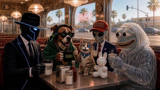 A diverse group of eclectic characters—including a neon-accented figure in a black hat, a dog in a green hoodie and headphones, an alien in a "Make Aliens Great Again" cap, a tabby cat, a plush rabbit, and a wide-smiled mascot—gather around a classic American diner booth with a "DINER" neon sign glowing outside, sharing coffee and coffee mugs labeled "GM" and "GOOD," visually embodying the post's "Good Morning" greeting to its crypto community with rallying ticker symbols $GOOD and $DOGGIE.