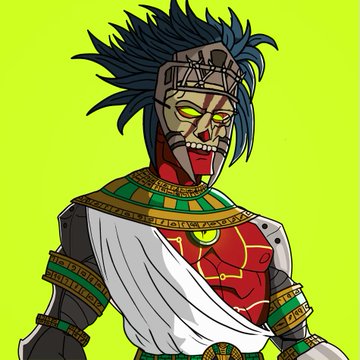 A digital illustration of a menacing gladiator or warrior character with a half-red, half-bone mask, glowing yellow eyes, and spiky dark hair against a bright green background.
