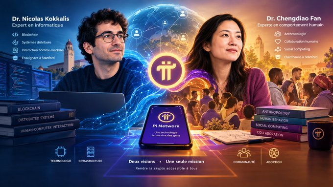 Promotional image for Pi Network featuring Dr. Nicolas Kokkalis (Expert in Blockchain, Distributed Systems, Human-Computer Interaction, Stanford Lecturer) and Dr. Chengdiao Fan (Expert in Anthropology, Human Collaboration, Social Computing, Stanford Researcher) with the tagline 'Two visions, one mission: Make crypto accessible to everyone.'