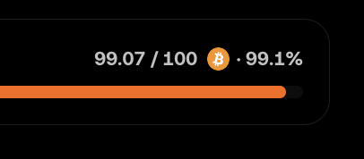 A dark screen displays '99.07 / 100 ₿ · 99.1%' with a progress bar nearly full.
