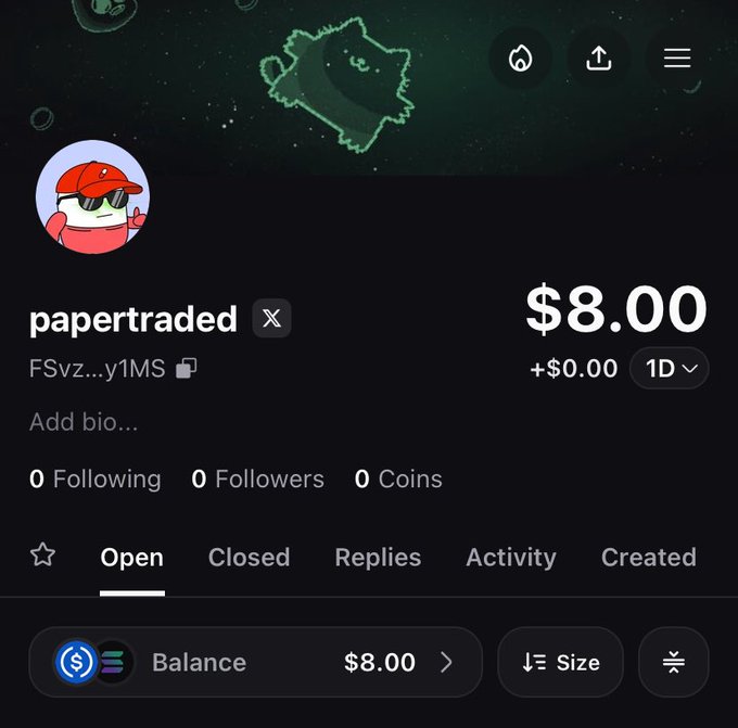 A screenshot of a trading platform profile for "papertraded" (FSvz...y1MS), showing a balance of $8.00 with 0 Following, 0 Followers, and 0 Coins, set against a dark green background with a cute character logo.