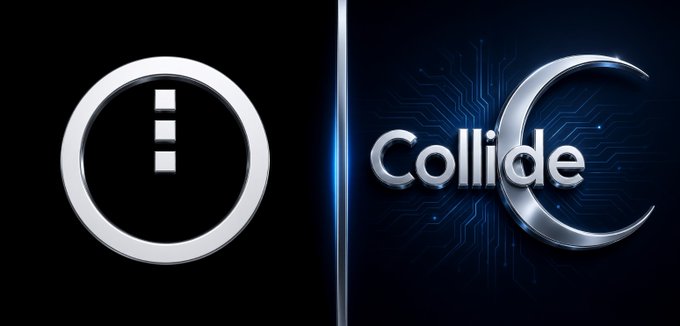 The image displays two logos side by side on a dark background: the Midnight (CMID) token logo on the left, featuring a stylized "C" with a vertical three-bar symbol, and the "Collide" logo on the right, rendered in metallic text with circuit-board patterns. The split visual reflects the post's message about Midnight expanding beyond Cardano's ecosystem through cross-chain shielded swaps, symbolizing the bridge between Cardano and other networks like Collide.