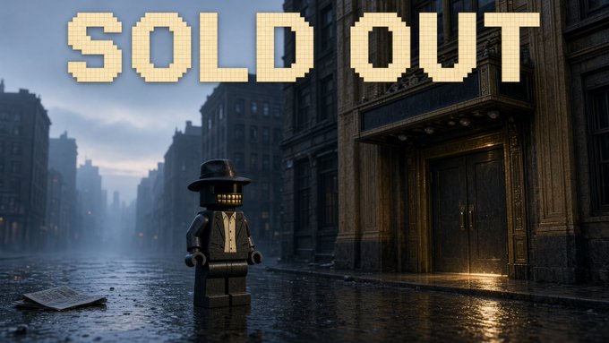 A LEGO minifigure in a fedora and trench coat stands on a rain-soaked street before a closed door, with pixelated "SOLD OUT" text looming overhead. The imagery visualizes the post's announcement that 7,777 AI agents have been minted and 116,655,000 $AGENTX tokens have been permanently claimed, with the closed door symbolizing the concluded sale while secondary trading continues on OpenSea.
