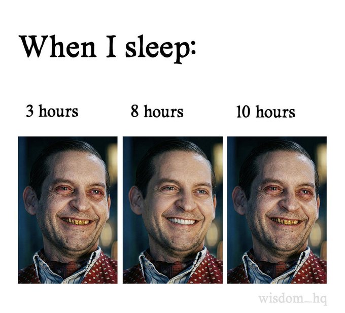 A meme titled 'When I sleep:' shows three identical images of a smiling man (Jack Torrance from The Shining) labeled '3 hours', '8 hours', and '10 hours', with a 'wisdom_hq' watermark.