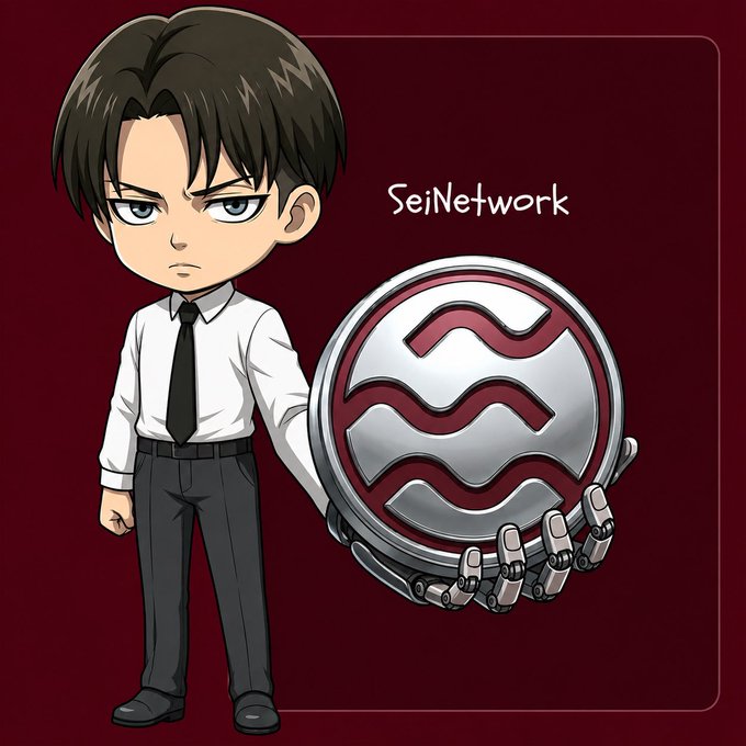 The image features a cartoon boy dressed in a suit standing next to a robot hand holding a coin. The background color is red, and there are words written above the boy's head that say "SeiNetwork". The caption below the image reads, "If I were to hold any token till @SeiNetwork one of the fastest and cheapest blockchains in the space."