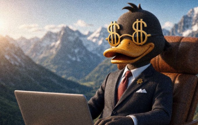A dapper duck wearing dollar-sign sunglasses and a sharp suit works on a laptop against a mountain backdrop, visually embodying the post's playful commentary about crypto "quacks," shifting online chatter, and upcoming Wallchain Select opportunities—serving as the witty avatar of a trader observing the market's strange week from a lofty vantage point.
