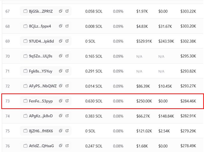 The image shows a leaderboard of top token holders, with the 73rd-ranked wallet "FenFe...53pyp" highlighted in red, holding 0.630 SOL worth $250.00K, matching the wallet mentioned in the post that accumulated 844.91K tokens of $ANSEM for $249.48K.