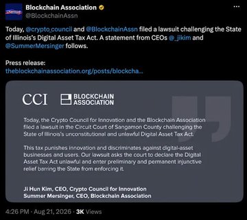 A screenshot of a Blockchain Association X post announcing a lawsuit filed alongside the Crypto Council for Innovation against Illinois' Digital Asset Tax, with a quoted statement from CEO Ji Hun Kim. The caption, dated Aug 21, 2026, describes the action as challenging the state's 0.2% crypto tax as unconstitutional and unlawful.
