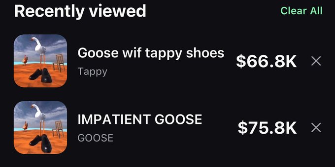 A 'Recently viewed' screen shows two NFT items called 'Goose wif tappy shoes' priced at $66.8K and 'IMPATIENT GOOSE' priced at $75.8K.