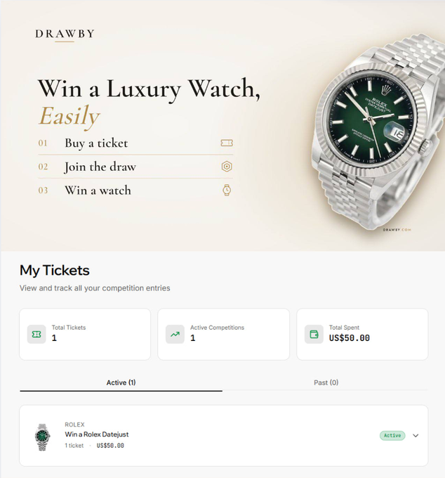 DRAWBY website interface showing 'Win a Luxury Watch, Easily' campaign featuring a Rolex watch with green dial, displaying the user's tickets section showing 1 active entry for $50.
