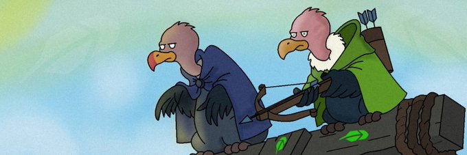 A cartoon illustration of two anthropomorphic vulture-like birds dressed as archers, one in blue and one in green with a quiver of arrows, perched on a wooden structure.