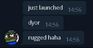 A screenshot of chat messages reading 'just launched', 'dyor', and 'rugged haha' at 14:56, with a Pepe-style emoji on the left.