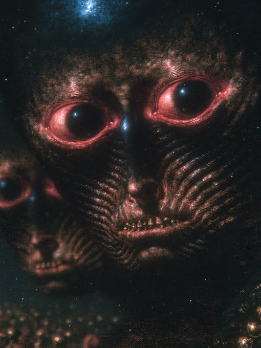 A dark, surreal digital artwork depicting a grotesque face with glowing red eyes and heavily wrinkled, fleshy skin against a starry background.