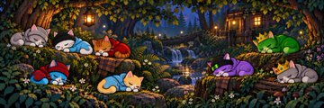 A dark, atmospheric illustration shows various colorful, stylized cat-like creatures sitting on branches in a mystical forest setting.
