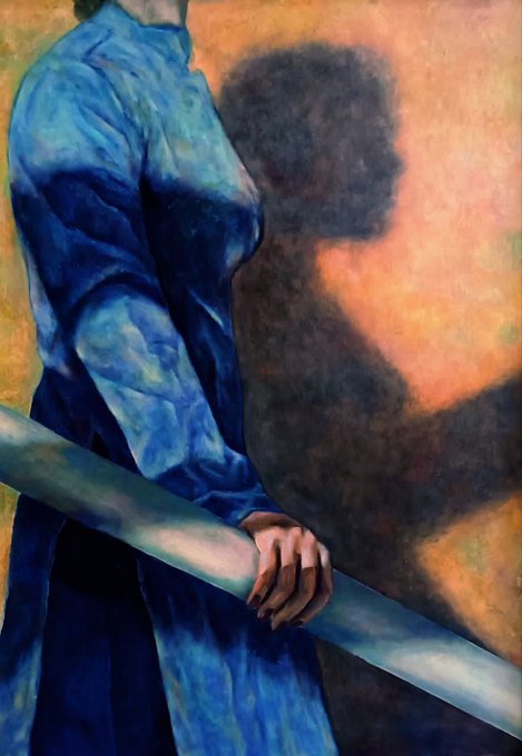 A painting showing a figure in a blue dress holding a metallic railing, casting a dark shadow against a warm-toned background.