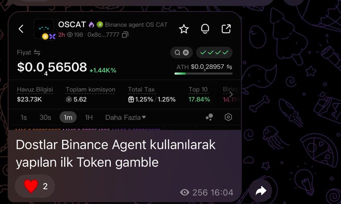 A screenshot of a Binance crypto profile page shows the "OSCAT" token (Binance agent OS CAT) trading at $0.056508 (+1.44%) with a market cap of $23.73K, overlaid with a Turkish comment "Dostlar Binance Agent kullanılarak yapılan ilk Token gamble" (Friends, the first token gamble using Binance Agent) and 256 views. The image supports the post's claim about trading memecoins on Binance by showcasing a specific AI-agent token (OSCAT) as a real example of the type of small-cap gamble mentioned.