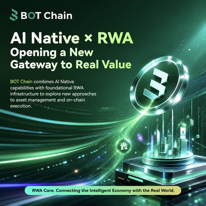 A promotional banner for 'BOT Chain' featuring green tech graphics, the headline 'AI Native × RWA Opening a New Gateway to Real Value,' and the tagline 'RWA Core. Connecting the Intelligent Economy with the Real World.'