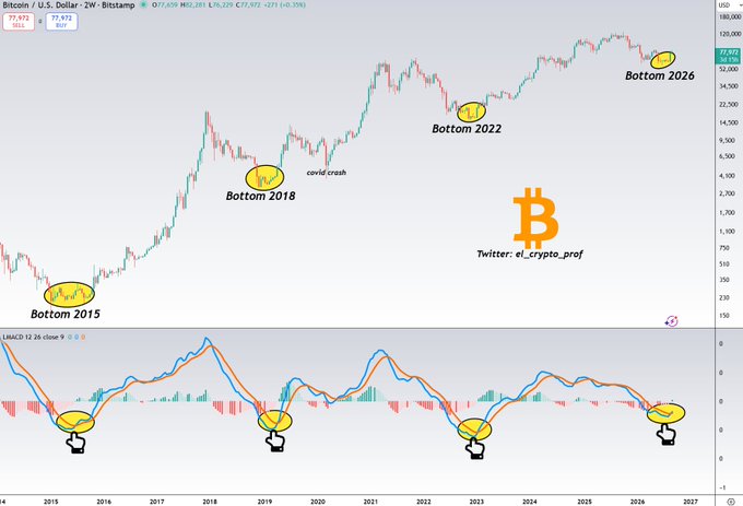 A Bitcoin/U.S. Dollar 2-week Bitstamp chart from Bitstamp marks four major bottoms (2015, 2018, 2022, and 2026) alongside corresponding MACD bullish cross signals at the bottom of the image, illustrating the post's claim that Bitcoin's recent 2-week MACD bullish cross historically confirms multi-year uptrends for crypto.