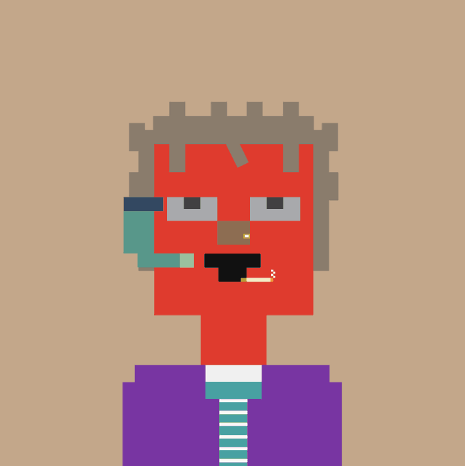 A pixel art illustration of a red-skinned character with messy brown hair, holding a pipe in his mouth, wearing a purple shirt and a striped tie.