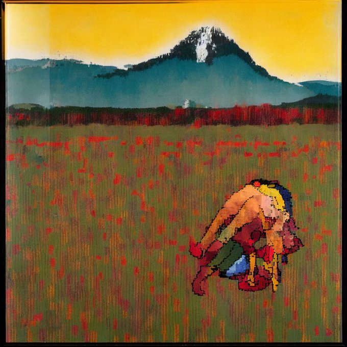 The artwork titled "Trash Couple" depicts a colorful, pixelated embrace between two figures set against a vibrant landscape with a mountain and yellow sky, fitting the post's theme of exploring relationships through digital art. The accompanying caption notes a current bid of .037 ETH by fourofour on this piece from a collection called "Real and Fake Couples."